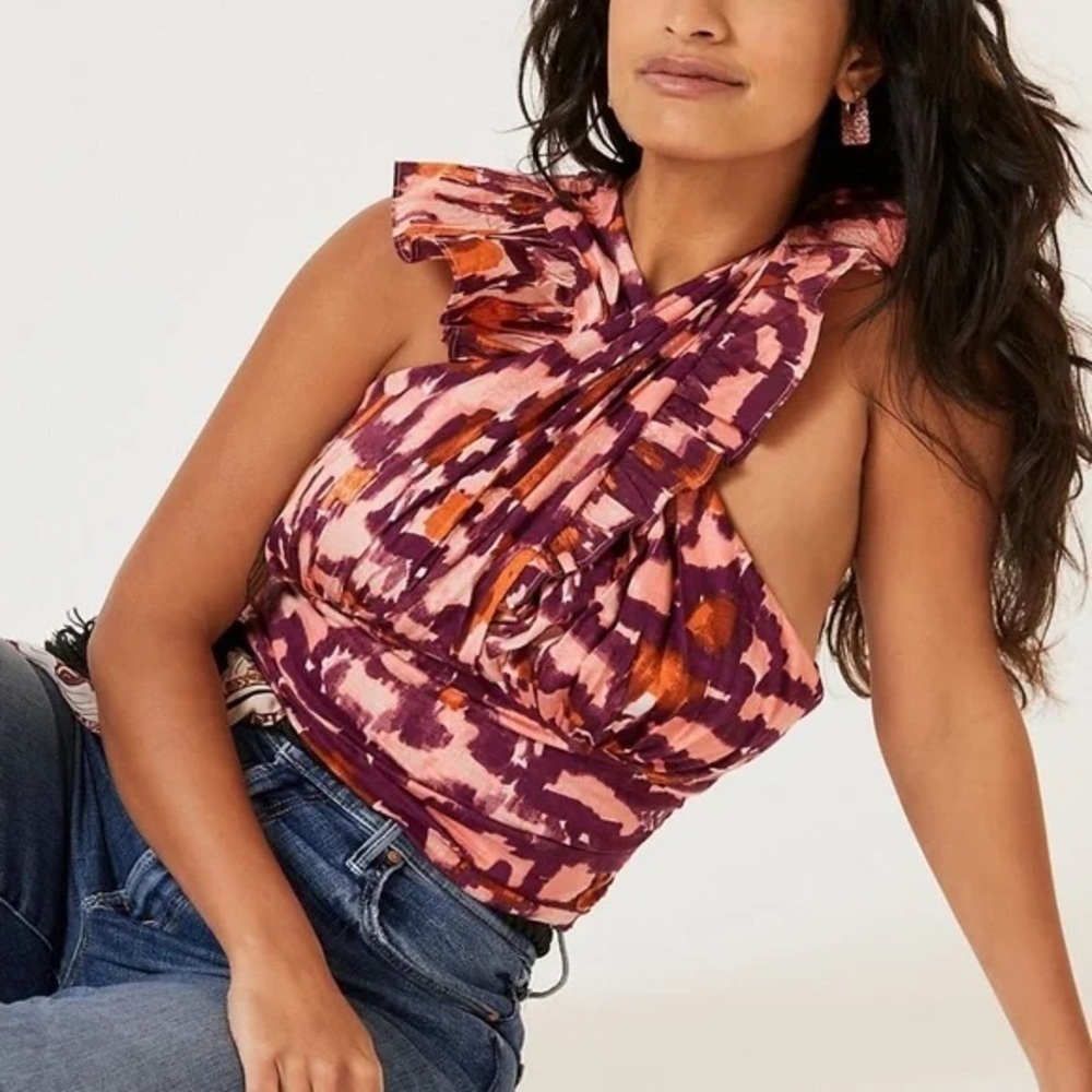Anthropologie Ruched Ruffle Halter Top in Purple Multi